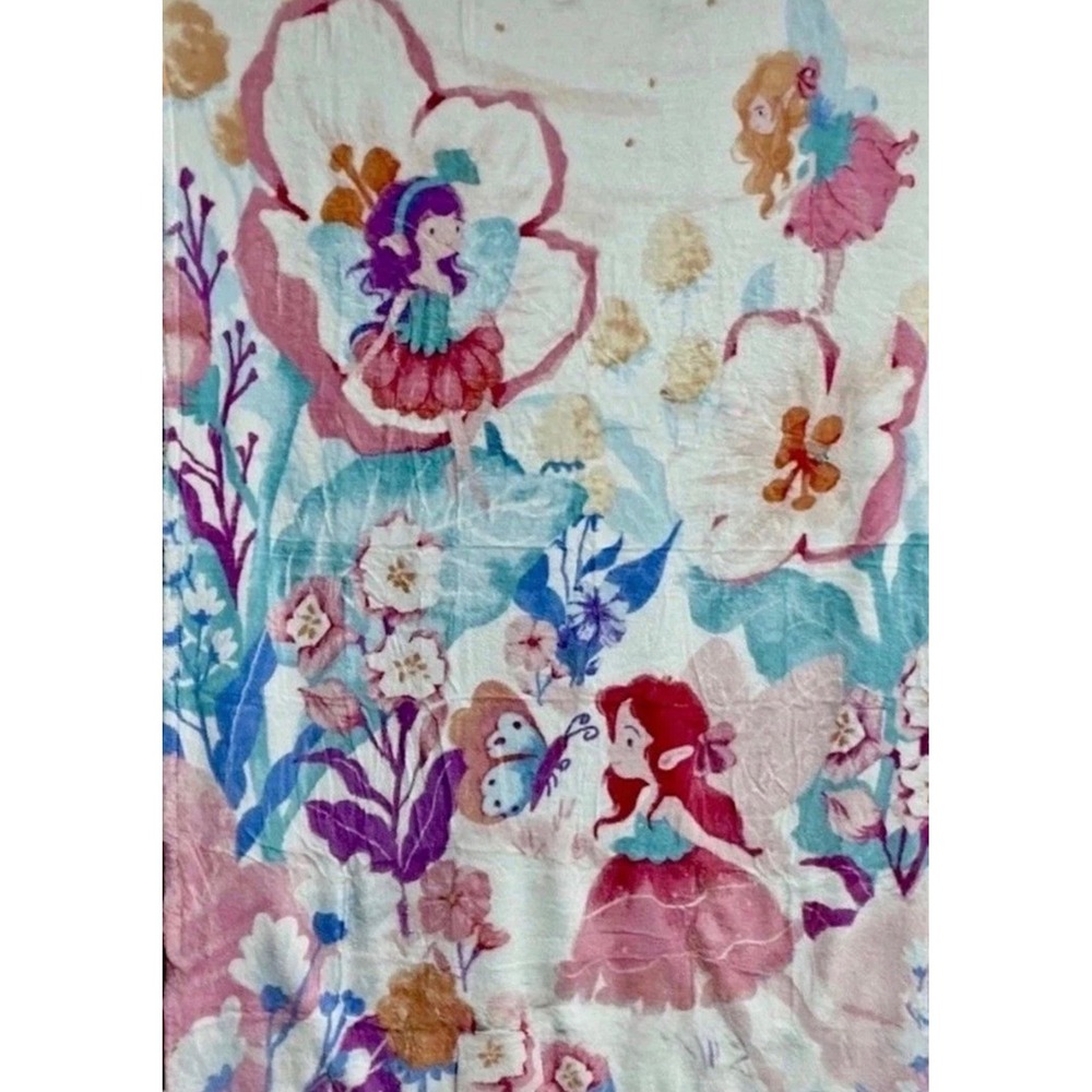 Cozy Bliss Garden Elf Fairy Floral Print Plush Throw Blanket 43x59 Pink Blue New - Picture 3 of 4
